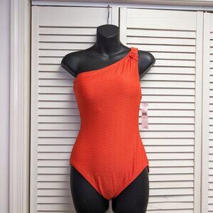 CARMEN MARC VALVO Ribbed One Shoulder Swimsuit in Papaya